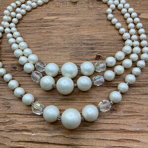 Japan Vintage Triple Strands White Beaded Silver Tone Hook Clasp Necklace